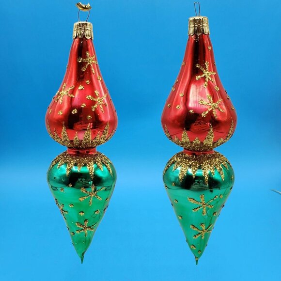 Vintage MCM Starburst Design Finial Glass Ornaments Red Green Gold 1990s 3pc 6" - Picture 5 of 10